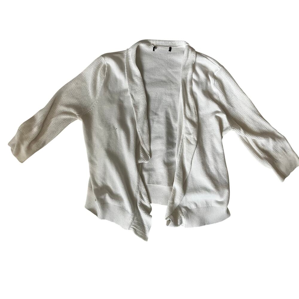 White Open Knit Cardigan Womens Flowy Drape 3/4 Sleeve Boho Layer Top Soft